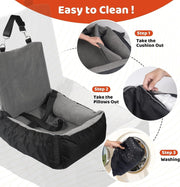 Washable IFurffy dog car seat with safety leash, coral fleece, storage pockets, and cleaning steps shown.