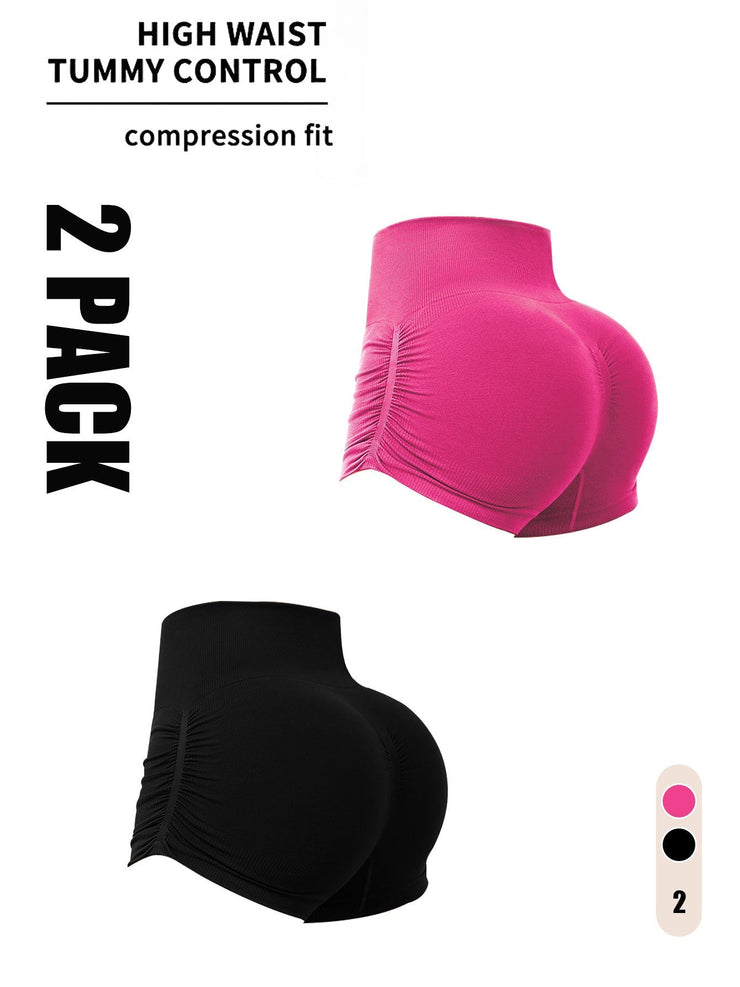 2 Pack Women's Seamless Yoga Workout Shorts, High-Waisted Scrunch Butt Lifting Athletic Shorts in Pink and Black.