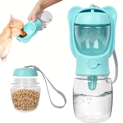 2 in 1 dog water bottle with food container, featuring leak-proof design, portable pet water dispenser for outdoor activities.
