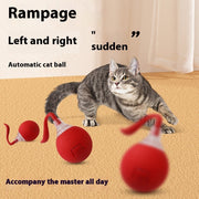 Interactive cat toy ball with automatic motion, keeps cats entertained; red ball with tail and playful text.