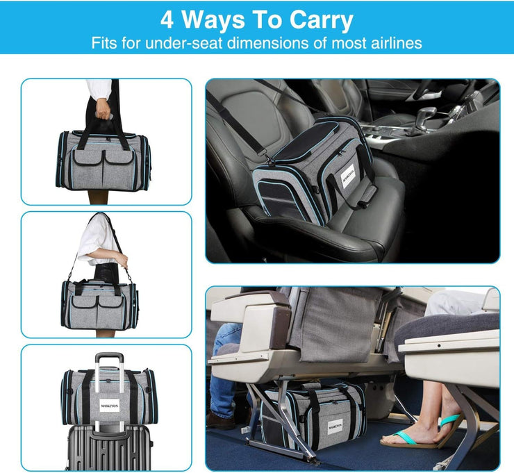 Large soft-sided pet travel carrier with TSA approval, featuring 4-way expandable design and removable fleece pad for cats and dogs.