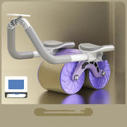 Abdominal wheel with automatic rebound and elbow support in purple, featuring dual wheels for stability and knee pads for comfort during workouts.