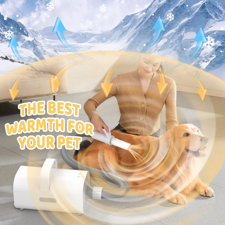 Pet hair dryer providing warmth to a dog with adjustable settings, indoor use.