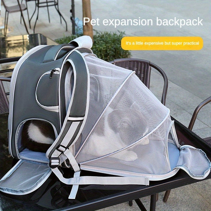 Adventure-Ready Expandable Pet Carrier Backpack for Cats & Dogs on Outdoor Table.