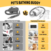 4-in-1 smart pet hair dryer with adjustable settings compared to traditional dryers, highlighting TWICEMET's quiet and safe features.