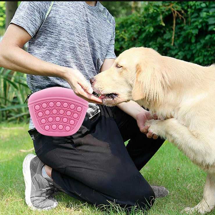 Silicone pet treat pouch clipped to person's waist, ideal for dog training and outdoor use.