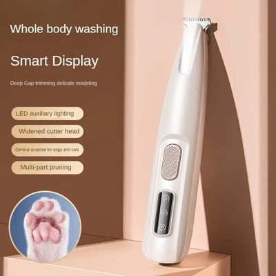 Dog paw trimmer with LED light and display, waterproof design, wide blade.