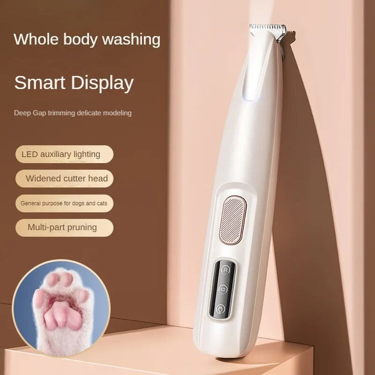 Dog paw trimmer with LED light and display, waterproof design, wide blade.