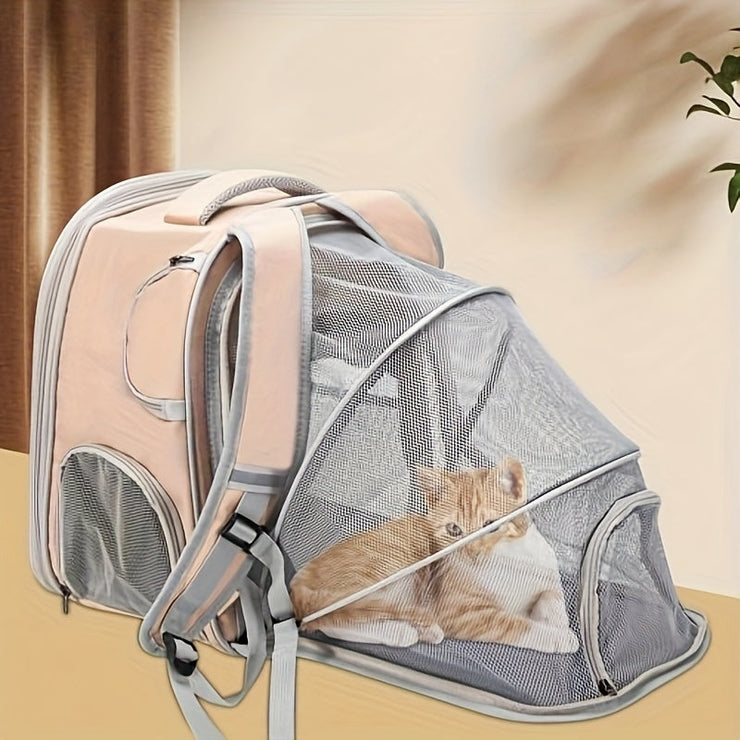 Adventure-ready, expandable pet carrier backpack for cats and dogs, large capacity with zip closure, ideal for outings.