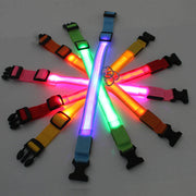 LED Adjustable Dog Collar in various colors, flashing light, glow, waterproof, pet safety.