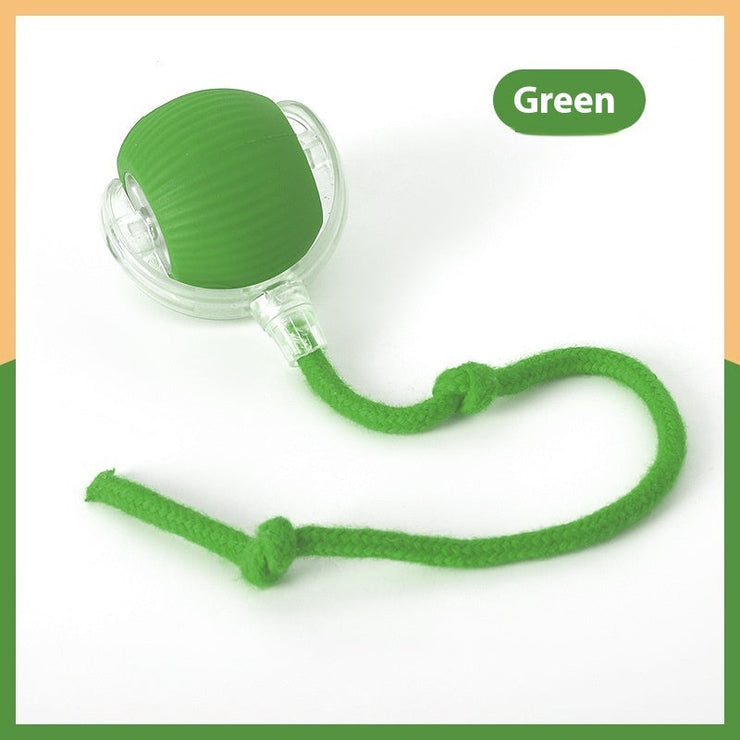 Interactive green cat toy ball with rope designed for engaging play.