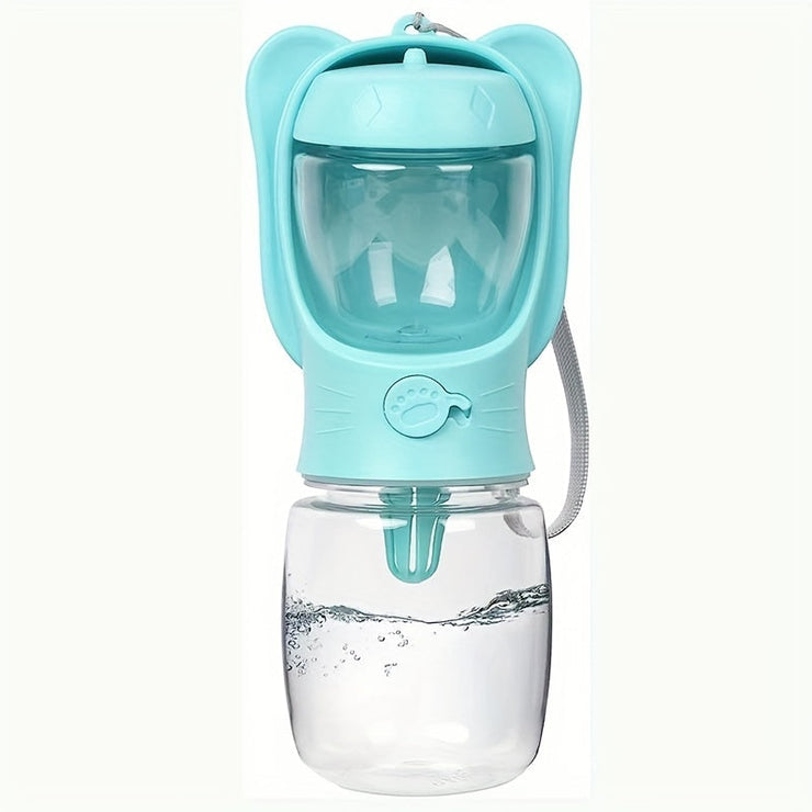 Leak-proof 2 in 1 dog water bottle with food container, portable pet dispenser for travel.