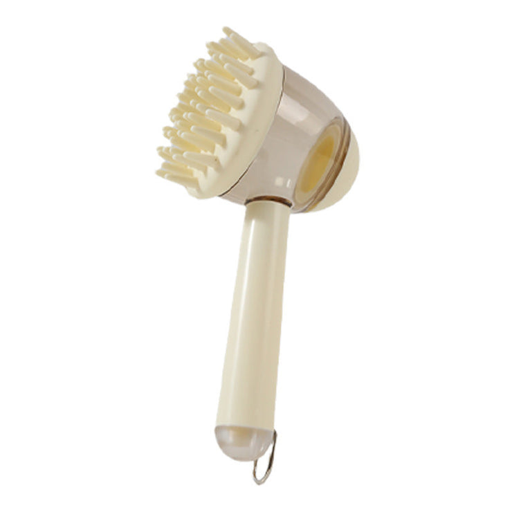 Silicone pet massage brush with a beige color and ergonomic handle.