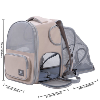 Expandable pet carrier backpack, large capacity, nylon, zip closure, ideal for outings with cats and dogs.
