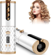 Portable automatic hair curler with ceramic rotating wand, USB rechargeable for on-the-go styling.