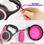 3m and 5m durable dog leash, pink retractable, ergonomic handle, tangle-free design, includes accessories for pets.