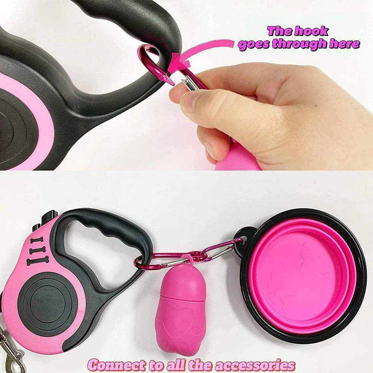 3m and 5m durable dog leash, pink retractable, ergonomic handle, tangle-free design, includes accessories for pets.
