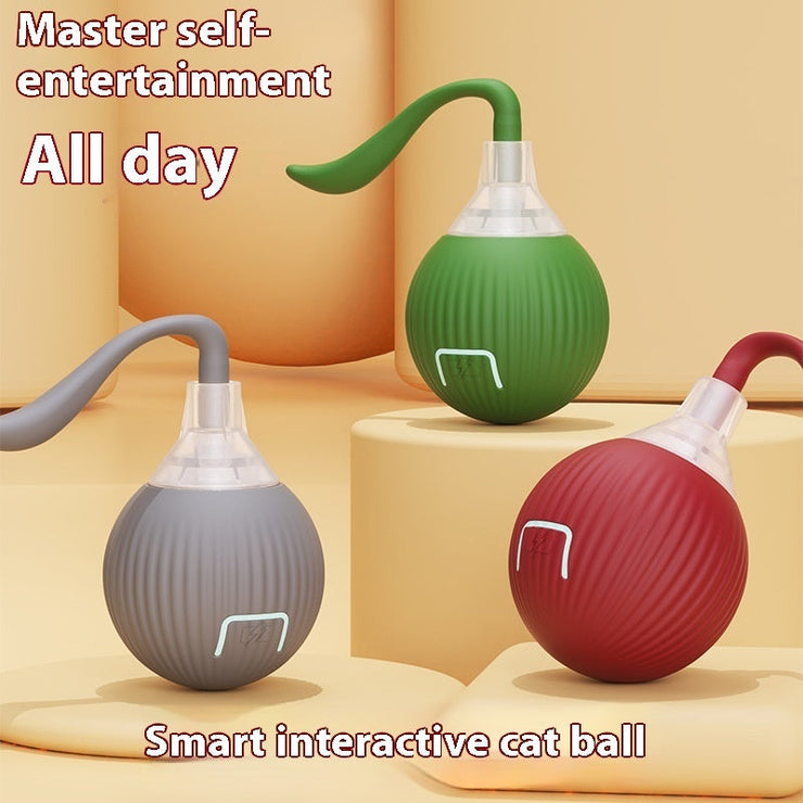 Interactive Cat Toy Ball in green, gray, and red with self-play feature on beige background.