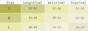 Size chart for Denim Pattern Peach Hip Raise Washed Fitness Pants, available in sizes S, M, L.