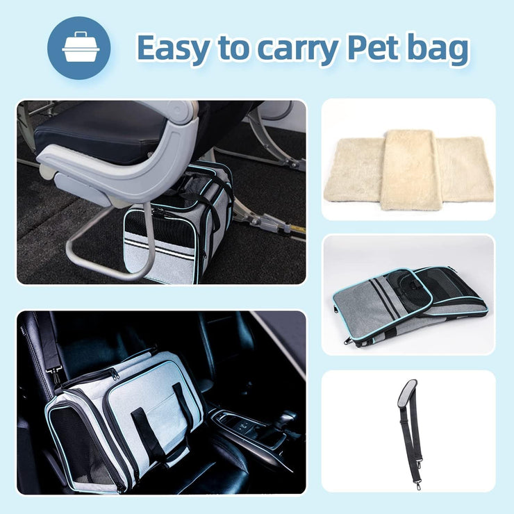Large soft-sided expandable pet carrier with removable fleece pad and pockets; ideal for travel with cats, dogs, and small animals.