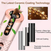 Portable automatic hair curler with ceramic coating, showcasing smart features and portability for effortless hair styling.