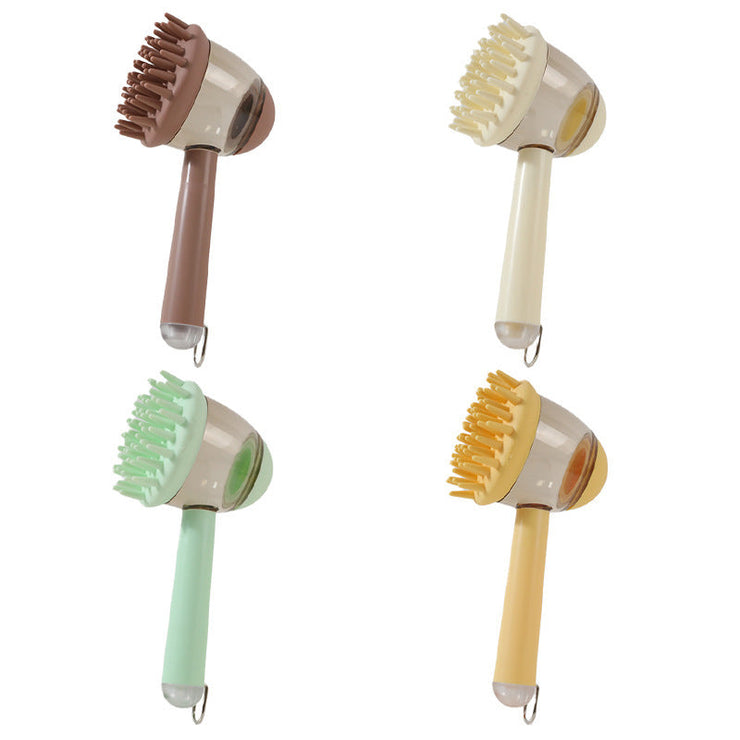 Massage brush for pets in beige, brown, yellow, and green silicone design.