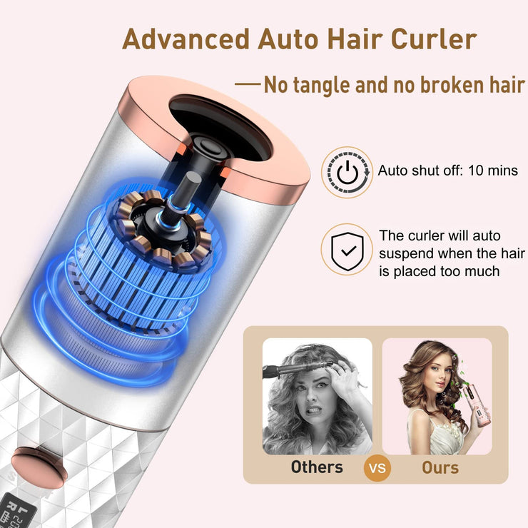 Portable automatic hair curler with smart heatproof design and anti-tangling technology.