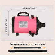 Professional-grade pet grooming blow dryer in pink with retractable hose, adjustable settings.