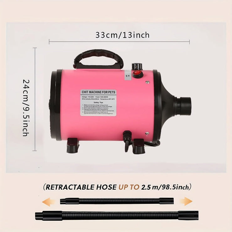 Professional-grade pet grooming blow dryer in pink with retractable hose, adjustable settings.