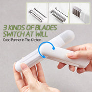 3-in-1 rotating stainless steel multifunctional peeler with three blade types for versatile kitchen use.