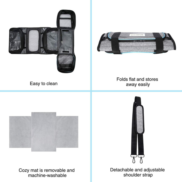 Approved pet carrier with removable fleece pad, folds flat, easy clean, adjustable strap.