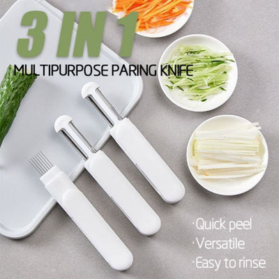 3-in-1 rotating stainless steel peeler with multifunctional paring knife, versatile kitchen gadget for slicing and shredding.