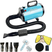 Professional-grade pet grooming blow dryer with adjustable speed and temperature, 4 nozzles, quiet operation in pink and blue.