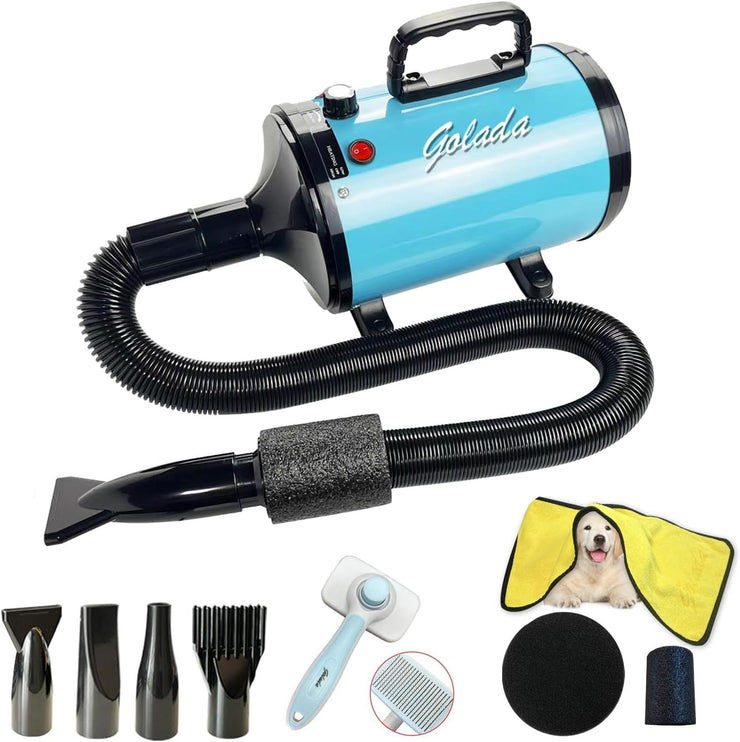 Professional-grade pet grooming blow dryer with adjustable speed and temperature, 4 nozzles, quiet operation in pink and blue.