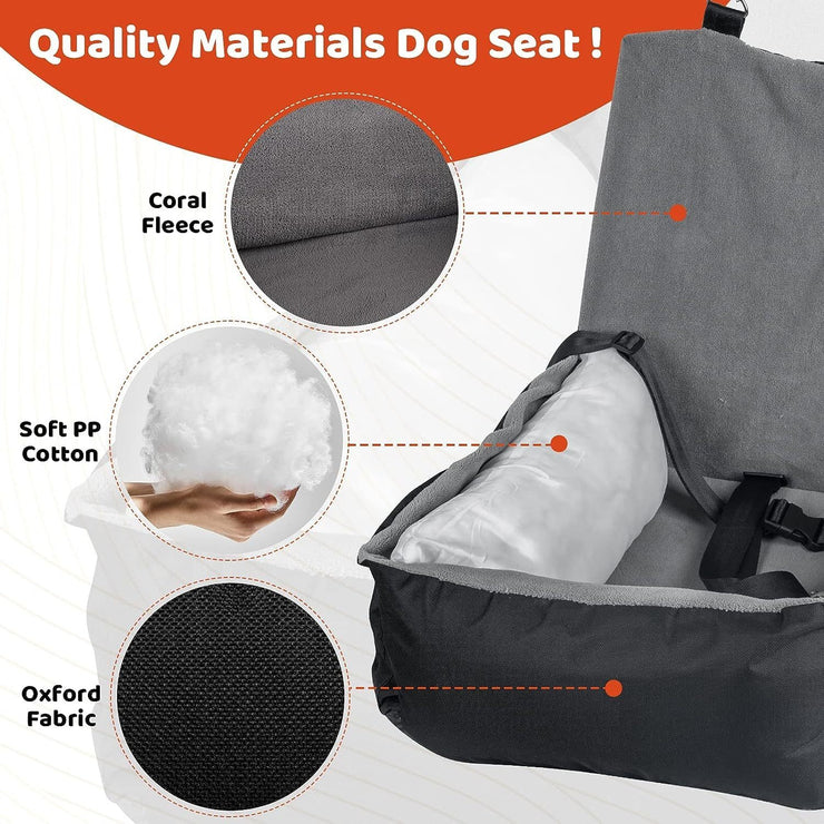 IFurffy dog car seat with coral fleece, soft PP cotton, and Oxford fabric, featuring storage pockets and safety leash.