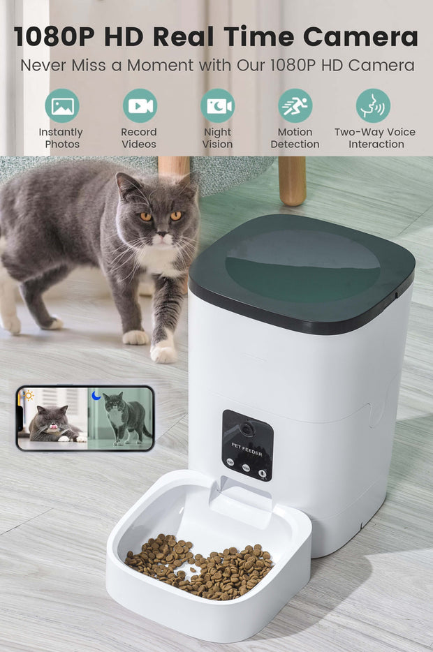 "Smart 6L Automatic Pet Feeder with 1080P Camera & App Control - Perfect for Cats & Dogs, Voice Recorder, Timed Feeding & Dual Power Supply!"