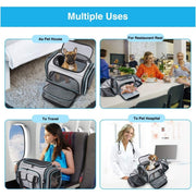 Large soft-sided pet carrier with removable fleece pad, expandable sides, and pockets for travel with cats and small dogs.