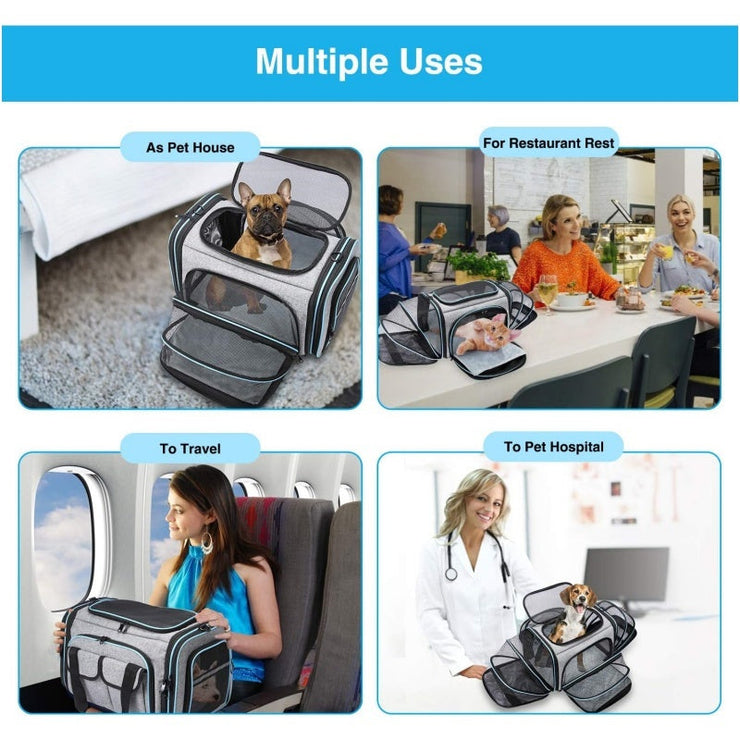 Large soft-sided pet carrier with removable fleece pad, expandable sides, and pockets for travel with cats and small dogs.