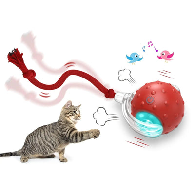 Interactive cat toy ball with red rope and bird chirping feature, entertaining high-energy cats.