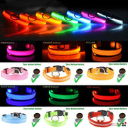 LED adjustable dog collar with flashing light, waterproof for pet safety, various colors.