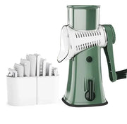 Multifunctional vegetable cutter with hand roller and interchangeable blades.