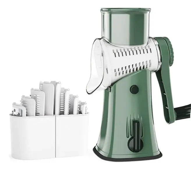 Multifunctional vegetable cutter with hand roller and interchangeable blades.