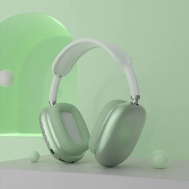 P9 Air Max Wireless Stereo Headphone in green with cushioned ear cups, highlighting sleek design and built-in controls.
