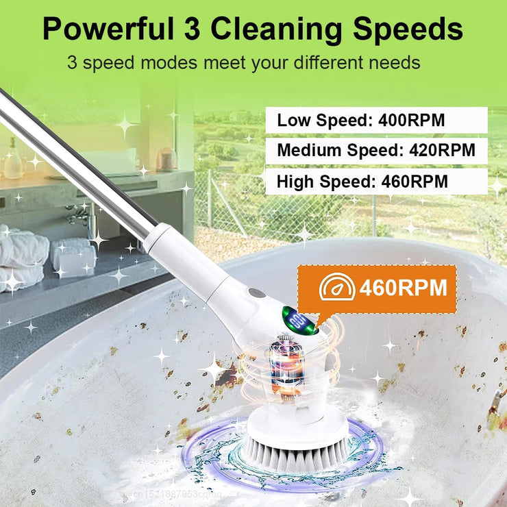 Electric cleaning brush with three speed settings for effortless cleaning in kitchen sink.