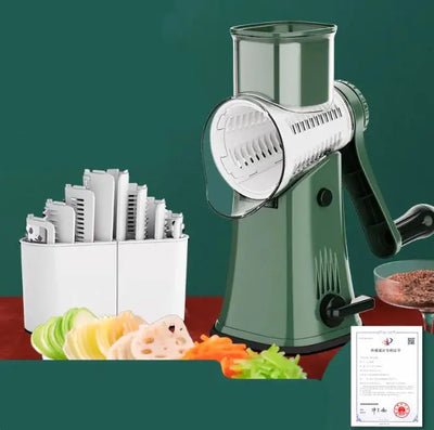 Multifunctional vegetable cutter with hand roller, interchangeable blades, and ergonomic design for efficient meal prep.