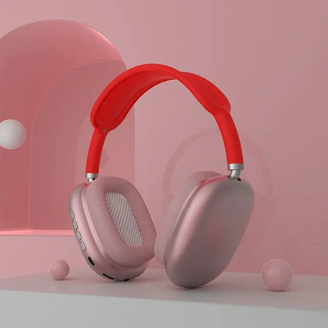 P9 Air Max Wireless Stereo Headphone in pink with a sleek, modern design on a pink background.