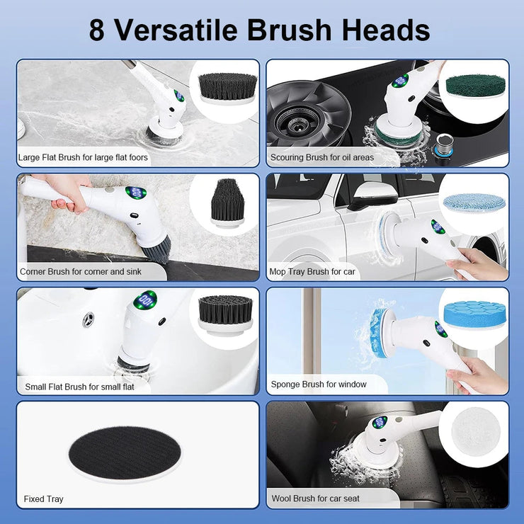 Electric cleaning brush with 8 versatile brush heads for effortless cleaning.