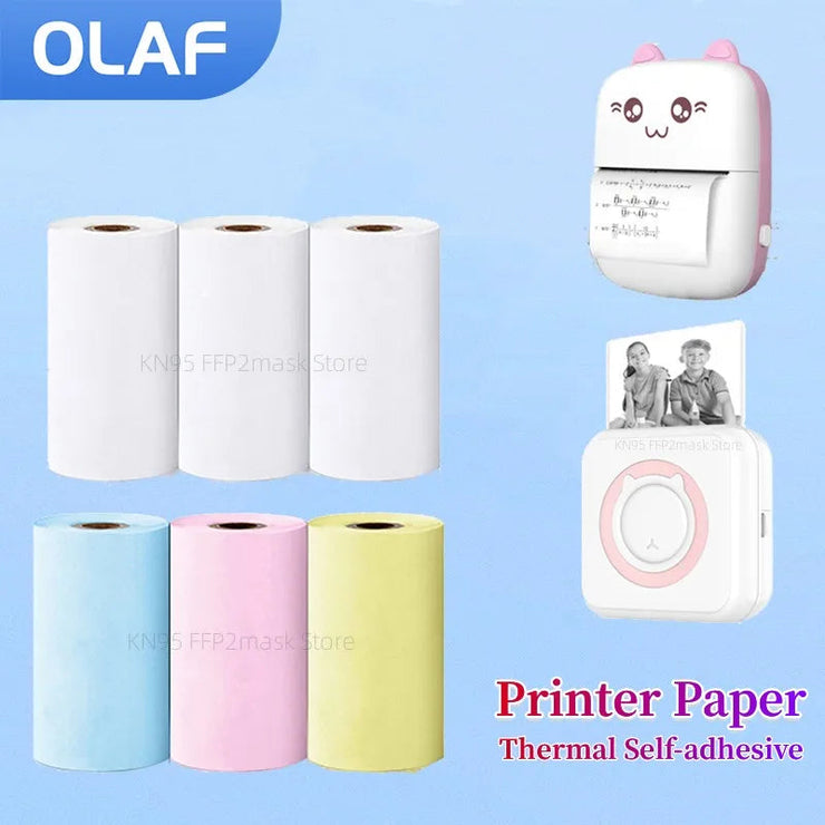 Thermal paper rolls for mini printer, available in white, HD white, color, and self-adhesive options, perfect for printing photos, notes, labels, and stickers.
