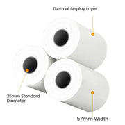 Thermal paper rolls for mini printer, 57mm width, 25mm diameter, versatile printing paper.