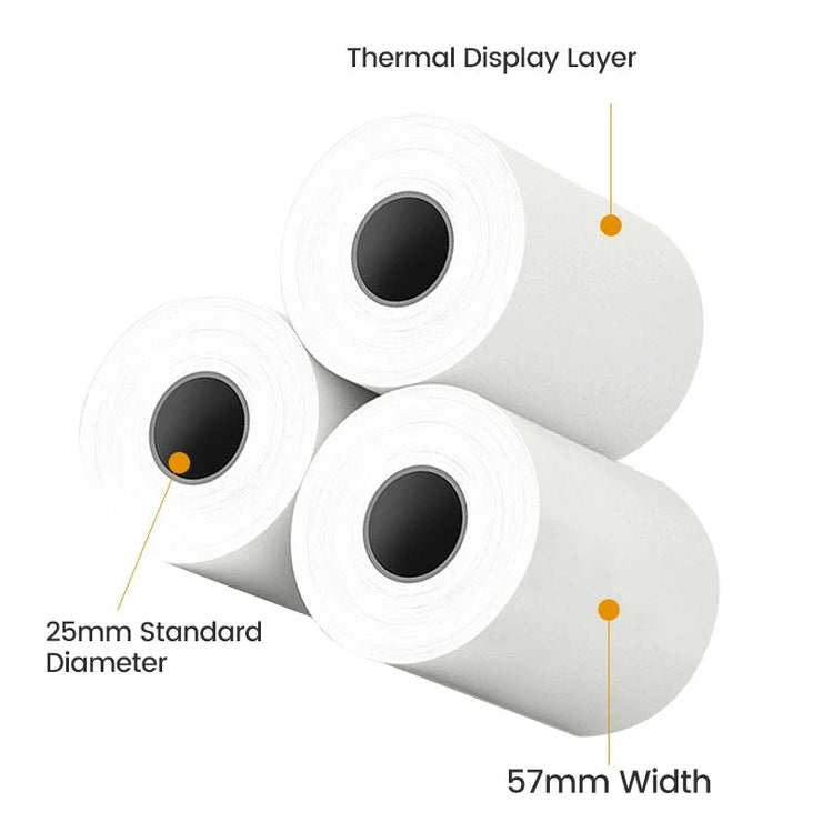 Thermal paper rolls for mini printer, 57mm width, 25mm diameter, versatile printing paper.